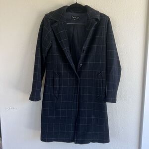 Agnes B Wool Chester Coat Women’s Small T1 Blad White Grid Plaid France